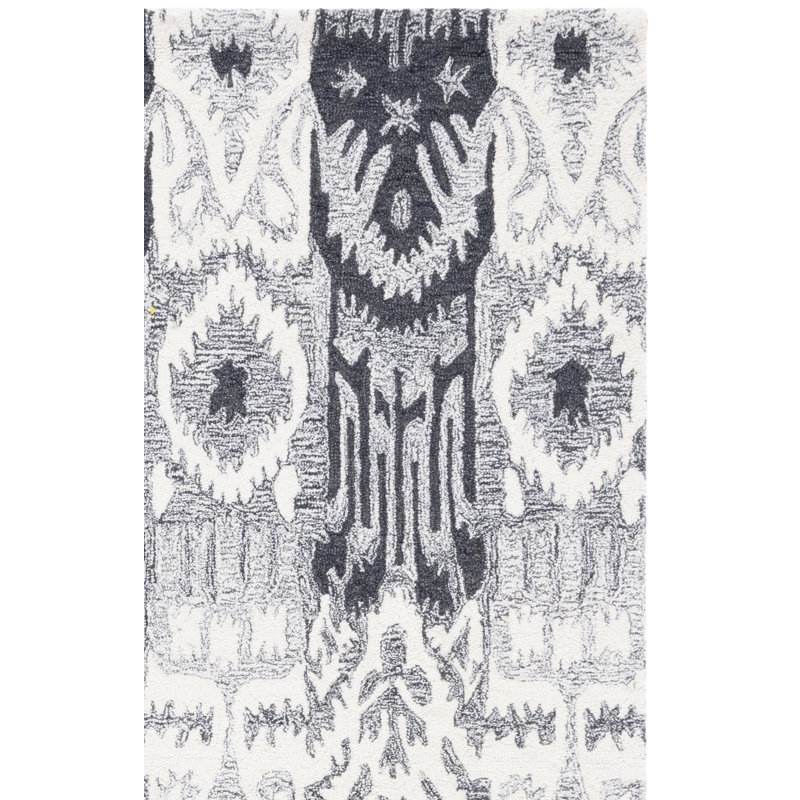 Tapis noir / ivoire en laine / coton touffeté à la main Ikat, Tapis de couloir 2 pi 3 po x 8 pi