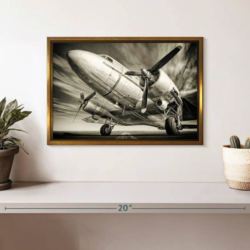 Avion rétro monochrome, Cadre flottant doré, 13 po x 9 po