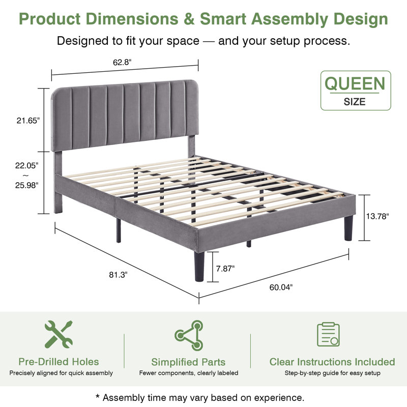 Pokorny 3 Piece Bedroom Set, Velvet Upholstered Platform Bed Frame with Adjustable Headboard and 2 Nightstands, Modern Queen Size Bedroom Furniture Set with Wood Slats, No Box Spring Required, Easy Assembly