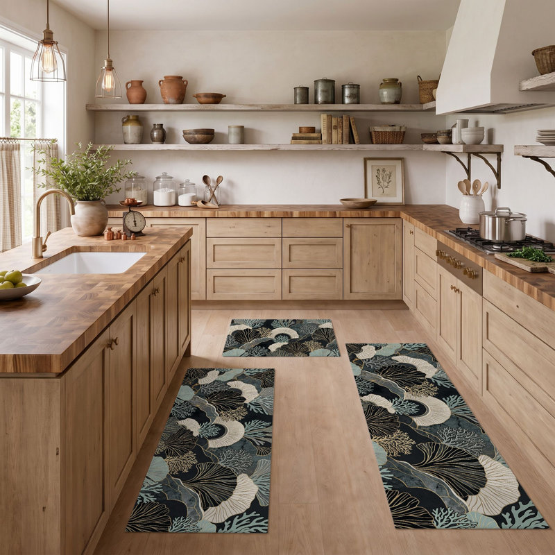 Botanical Wave Non-Slip Washable Kitchen Mats