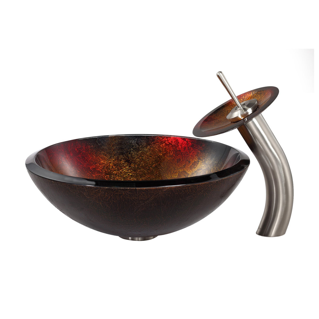 Copper Glass Circular Vessel Bathroom Sink with Faucet Kraus Faucet 