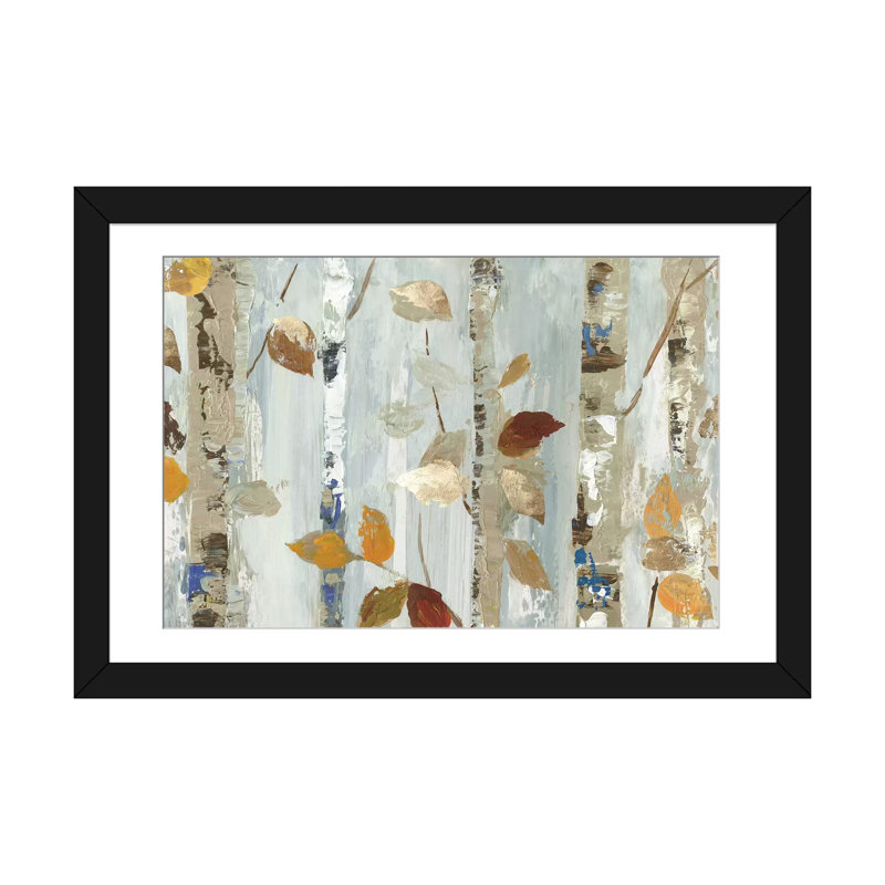 « leaves on bouleau », reproduction d’impression sur toile tendue, Papier beaux-arts encadré noir, H 24 po x l 32 po x P 1 po