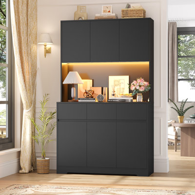 Aybike 71" Tall Kitchen Pantry Cabinet with Charge Station & LED Light, Freestanding Food Pantry with 4 Cabinets, 3 Drawers & Microwave Shelf, Kitchen Hutch Storage, Adjustable Shelves