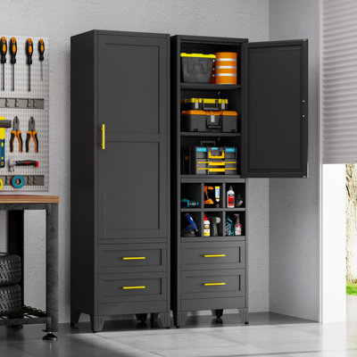 Grande armoire de rangement 67 po en métal avec 2 tiroirs et 3 tablettes réglables pour la cuisine, le bureau à domicile, le salon et la salle à manger - noir