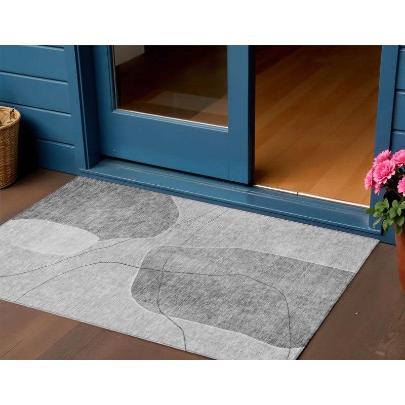 Tapis extérieur lavable abstrait gris anthracite et argent 3 pi x 5 pi