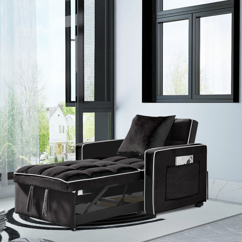 Myleigh 36.61'' Velvet Futon Chair, Black Velvet