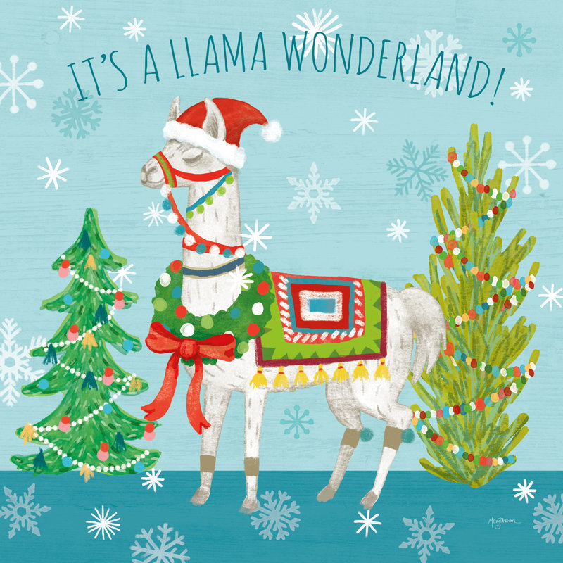 Jolies lamas de Noël par Mary Urban, Non, H 12 po x l 12 po, Toile encadrée noire