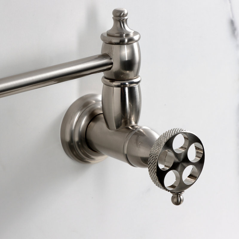 Kingston Brass Webb Two-Handle 1-Hole Wall Mount Pot Filler Faucet with Knurled Handle, Brushed Nickel