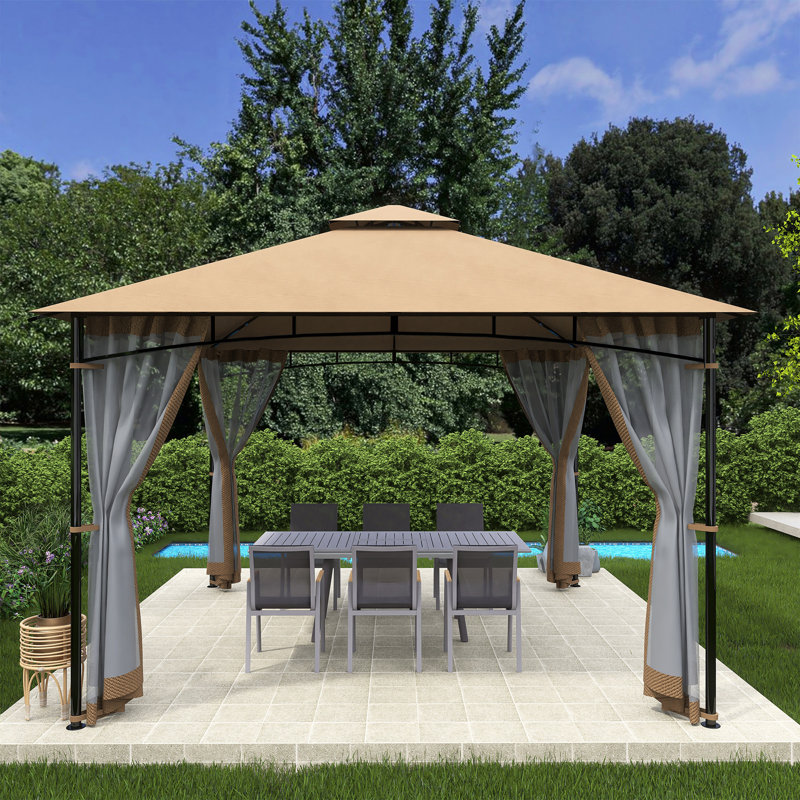 Pavillon de jardin en fer à toit souple avec toit double, H 118,2 po x l 143,81 po x P 143,81 po, Kaki