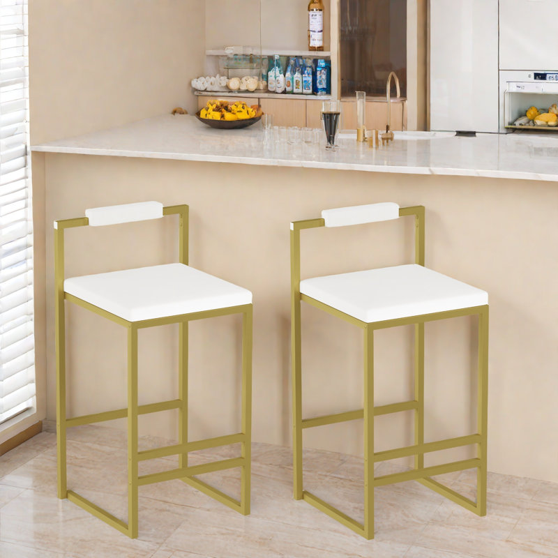 Ensemble de 2 tabourets de bar modernes avec coussins en velours et pieds en métal, Siège blanc crème / cadre doré