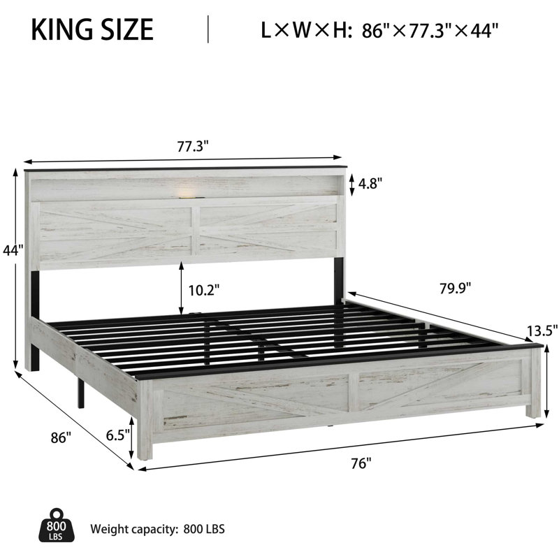 Judd Metal Platform Bed with Wooden Headboard, USB Charging & Storage, King