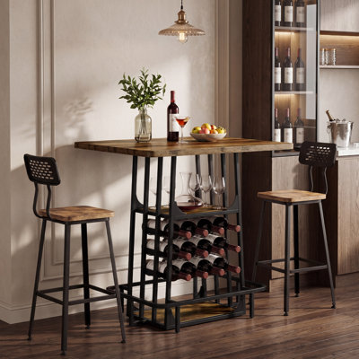 Îlot de cuisine de 39,4 po de largeur avec 3 grandes surfaces de travail, porte-verre, support à vin, structure en métal stable, style industriel, brun rustique et noir