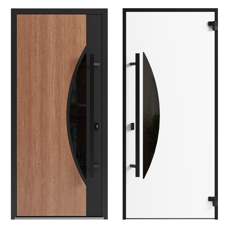 Front Exterior Prehung Steel Door / Ronex 1077 Teak / 2 Side Exterior Windows Sidelites/ Entry Metal Modern Painted W12+36+12" x H80" Left hand Inswing
