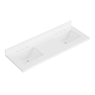 Comptoir de salle de bain en quartz blanc pur 61 po Ariel avec rebord à onglet épais de 1,5 po avec lavabo double rectangulaire et dosseret inclus