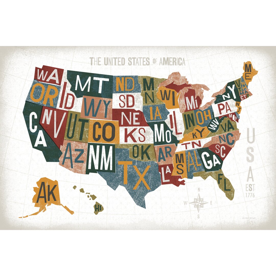 Leinwandbild Letterpress USA Map Warm von Michael Mullan