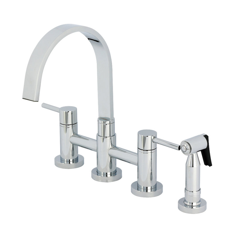 Kingston Brass Concord Two-Handle 4-Hole Deck Mount Bridge Kitchen Faucet with Brass Side Sprayer, Polished Chrome