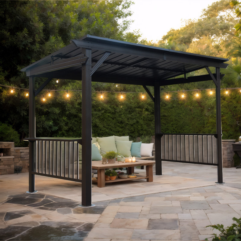 Metal Permanent Grill Canopy 6.5x12FT - Hardtop Gazebo w/ Sloping Galvanized Roof & Shelves for Lawn, Gray
