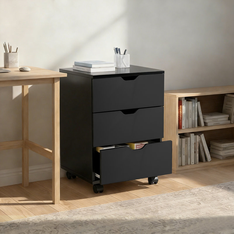 Classeur en bois moderne à 3 tiroirs avec roulettes pivotantes verrouillables (entièrement assemblé), Noir