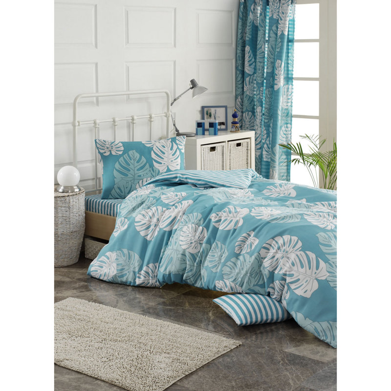 Ensemble de housse de couette en mélange de coton Aveley, Bleu / blanc, Housse de couette 61 po x 87 po + 1 taie d'oreille