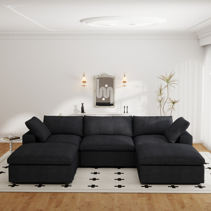 Kenda 5-Piece Upholstered Modern Linen Slipcovered Sectional With Storage Ottoman, Black Linen