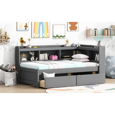 Lit-bibliothèque simple en forme de L gris avec station de charge et 2 tiroirs - Tiroirs de taille moderne pour chambre à coucher, gris, fonctionnel