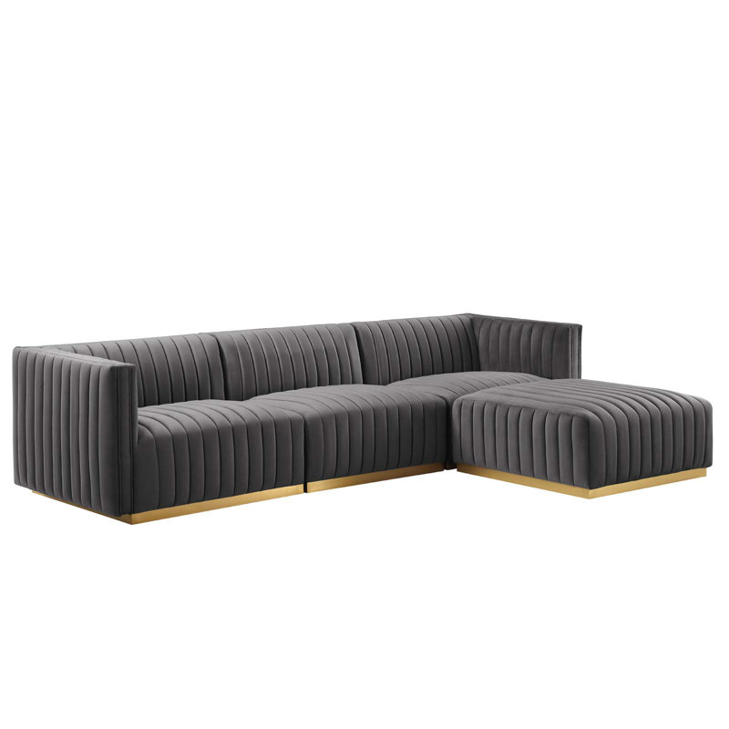 Canapé modulaire 4 pièces Conjure, Velours gris, Doré