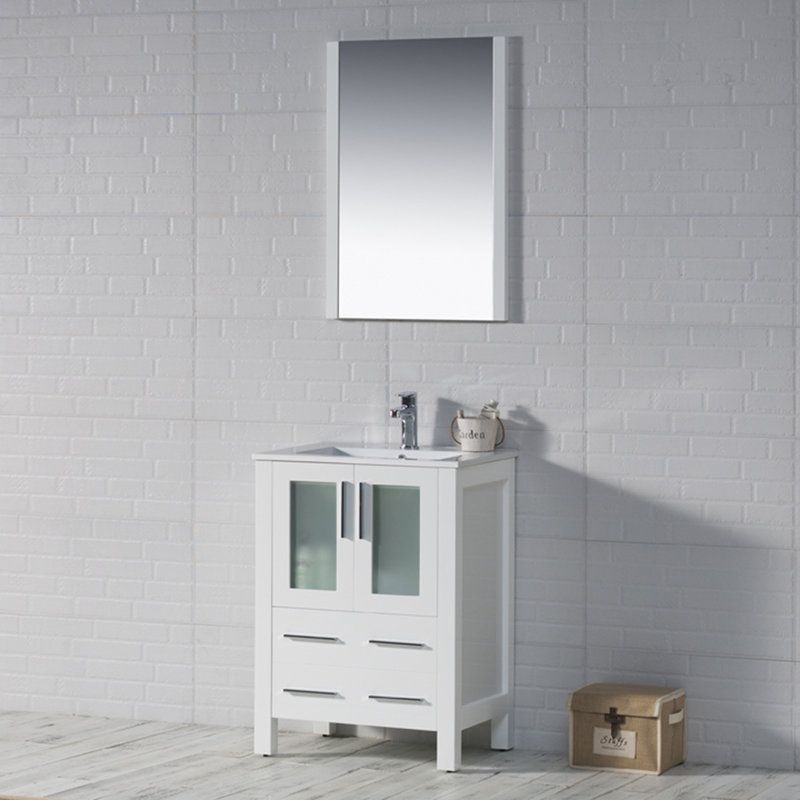 Mance 24.25'' Single Bathroom Vanity with Ceramic Top with Mirror, Glossy White