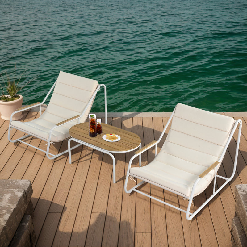 Ensemble de chaises longues d'extérieur 3 pièces, chaise de patio avec coussin et table d'appoint, Blanc