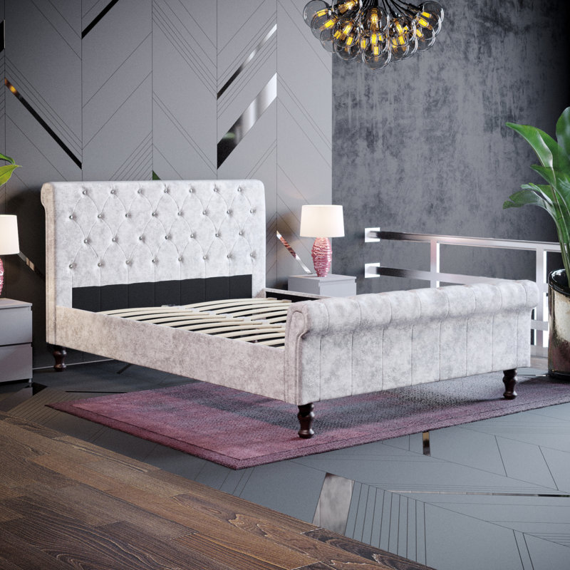Barr Upholstered Bed, Crushed Velvet Silver, Double (4'6)