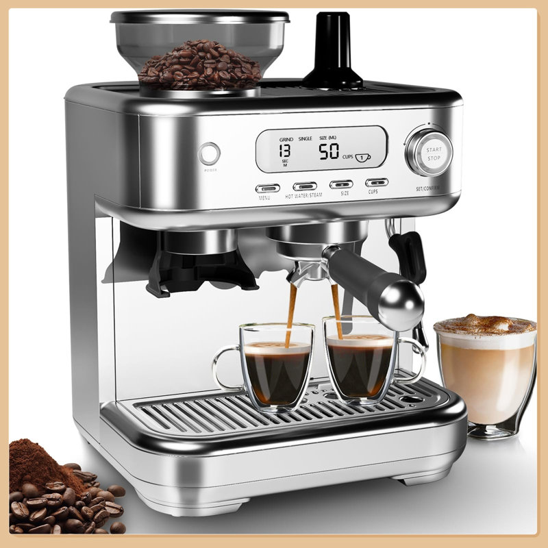 Espresso Machine 15 Bar, LCD Display Espresso Maker with Grinder, Milk Frother and PID Temperature Control, Professional Coffee Maker for Latte Cappuccino - 8.8 Oz Bean Hopper