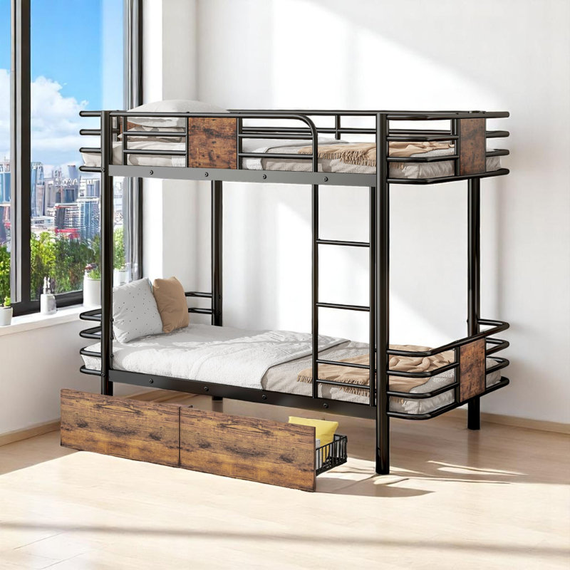Twin Xl Metal Bunk Bed With Storage, Black