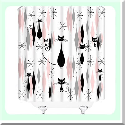 Atomic Starburst Cat Shower Curtain - Mid Century Modern Geometric 1950s Vintage Black & Pink Fabric Bathroom Decor Set with Hooks
