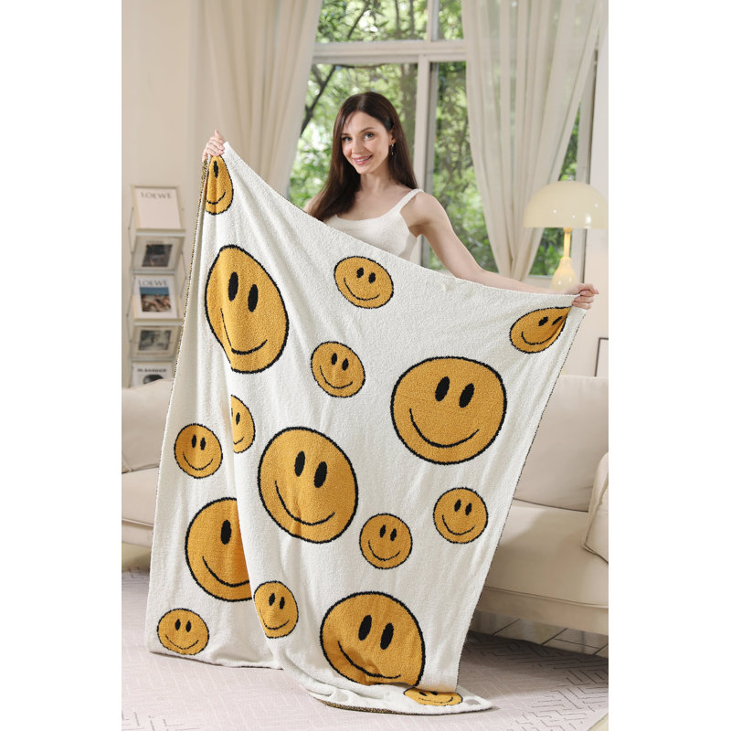 Happy Face Pattern Luxury Soft Throw Blanket , White