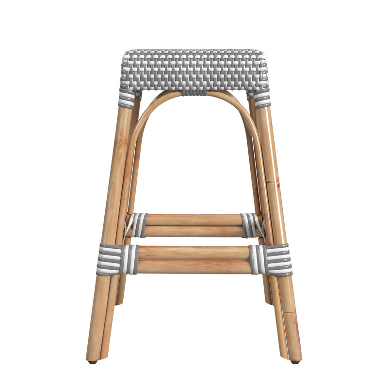 Robias Rattan Bar & Counter Stool, Counter Stool (24.5" Seat Height), Gray/White Dot / Natural Rattan Frame