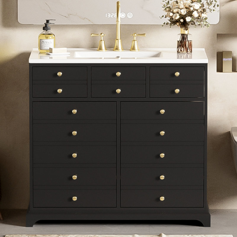 Ensemble de meuble-lavabo 36 po avec lavabo en céramique, armoire de rangement en bois massif, ensemble de meuble-lavabo autoportant avec 2 tiroirs et portes à fermeture douce