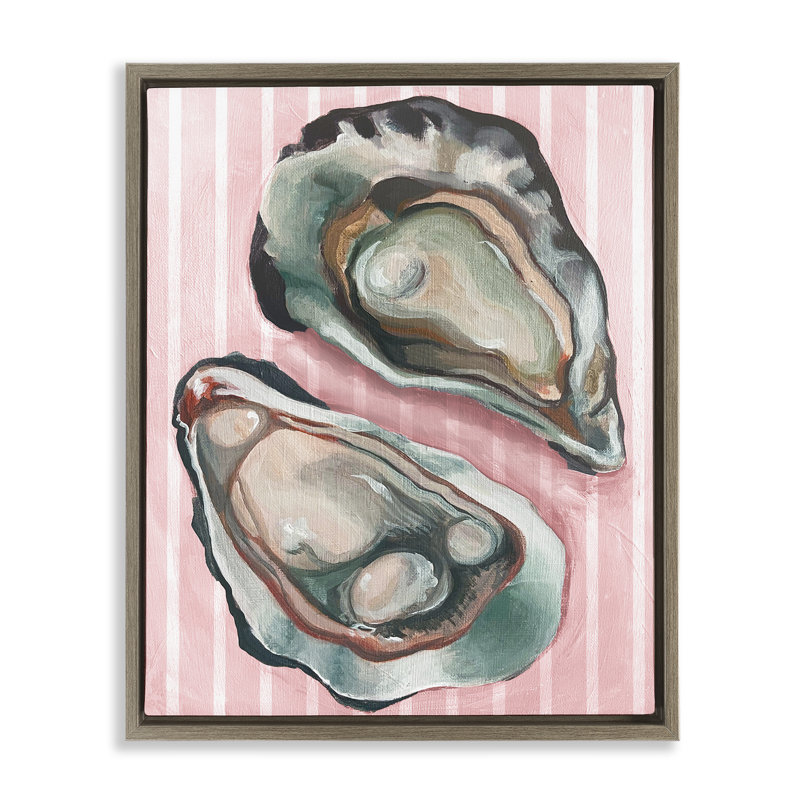  "Oysters on Pink Stripes" par Daphne Polselli, H 31 po x l 25 po, Cadre flottant orme Montalcino