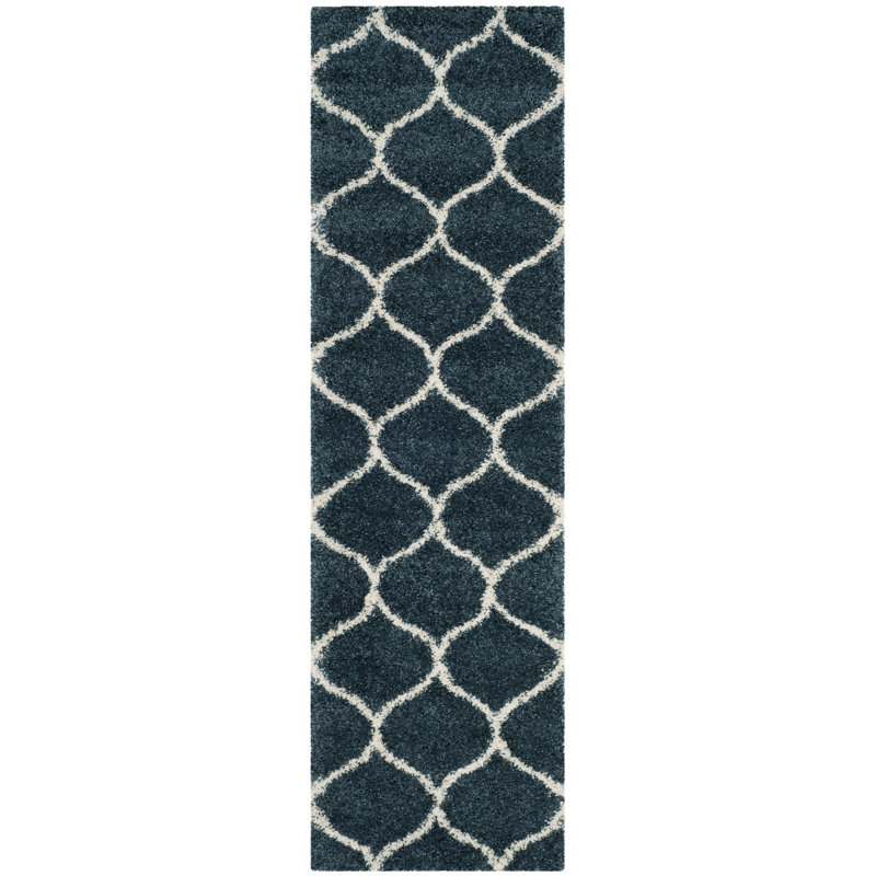 Tapis à poils longs Darrold Hudson, Tapis de couloir 2 pi 3 po x 14 pi, Bleu / Ivoire