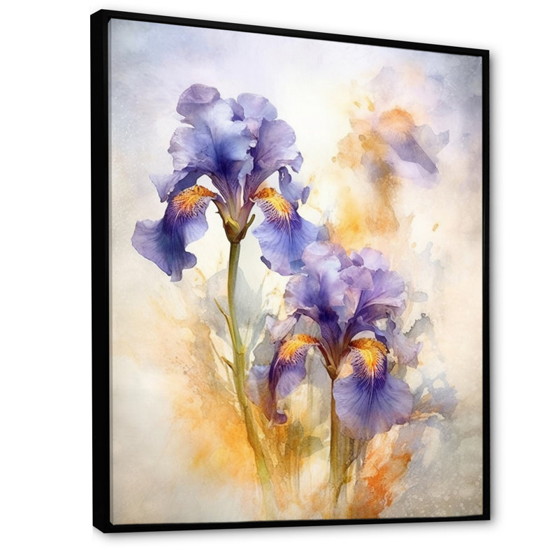 Impression mauve et jaune mauve d'iris sur toile, Cadre flottant noir, H 32 po x l 16 po x P 1,5 po