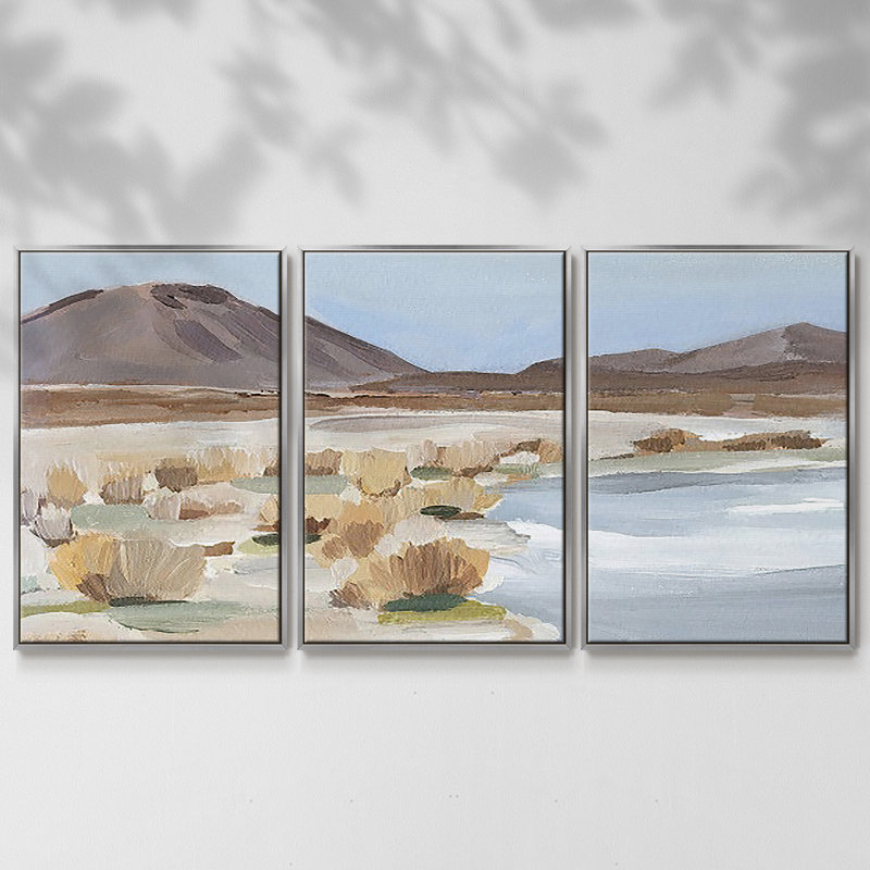 «Desert Oasis Study II», reproduction sur toile 3 pièces, H 24 po x l 48 po, Encadrement argenté