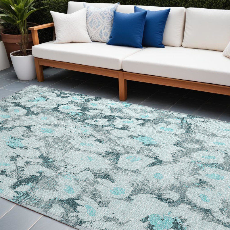 Tapis extérieur lavable antidérapant floral 9 pi x 12 pi bleu sarcelle