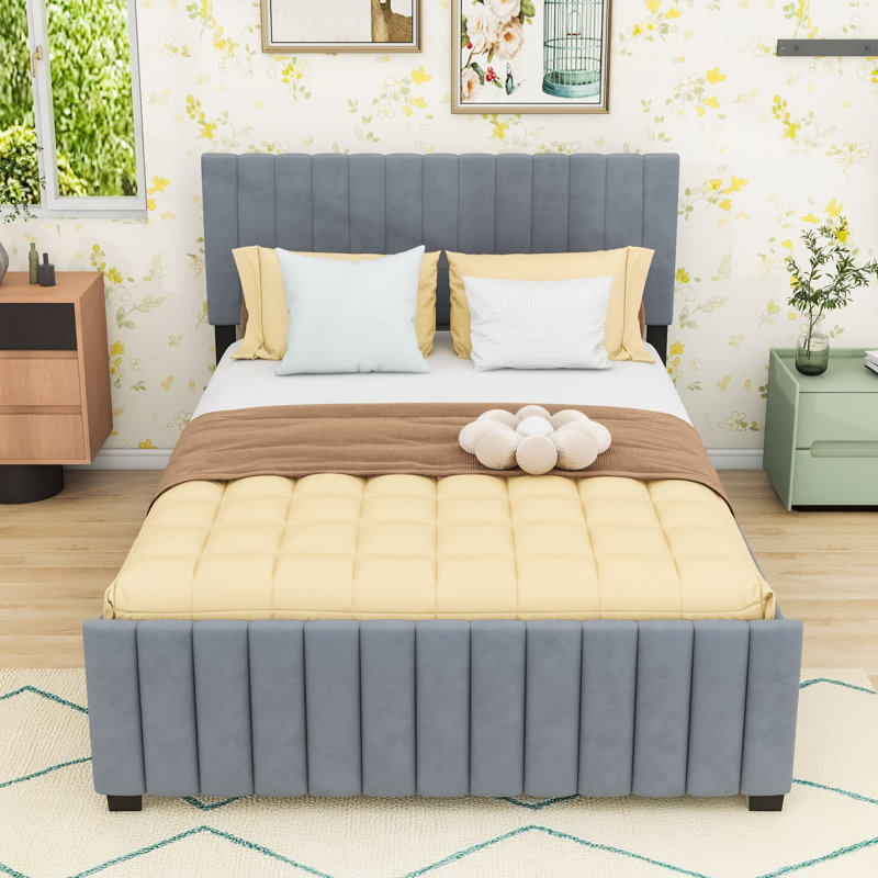 Grand lit plateforme tapissier avec lit gigogne simple TG et tête de lit, Grey