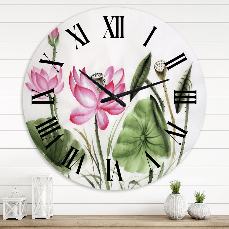Vintage lotus roses dans l'étang II - horloge murale traditionnelle, Surdimensionné