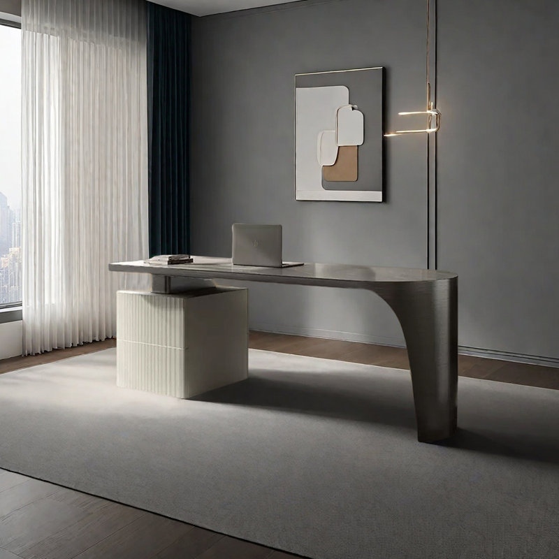 Bureau en pierre frittée légère et luxueuse, Blanc / Gris, H 29,92 po x l 55,12 po x P 27,56 po