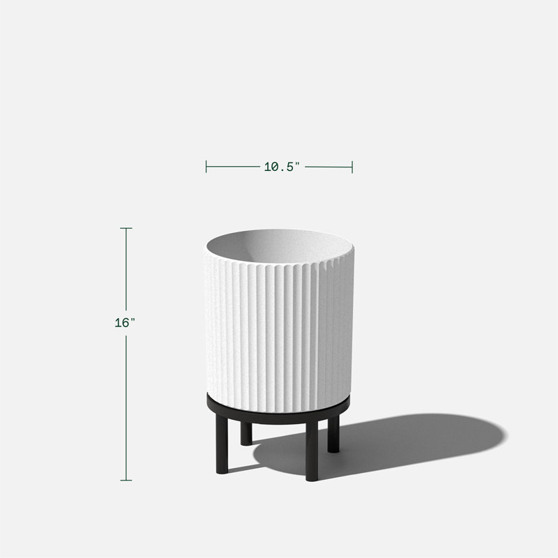 White and Black Fluted Planter with Acacia Wood Stand