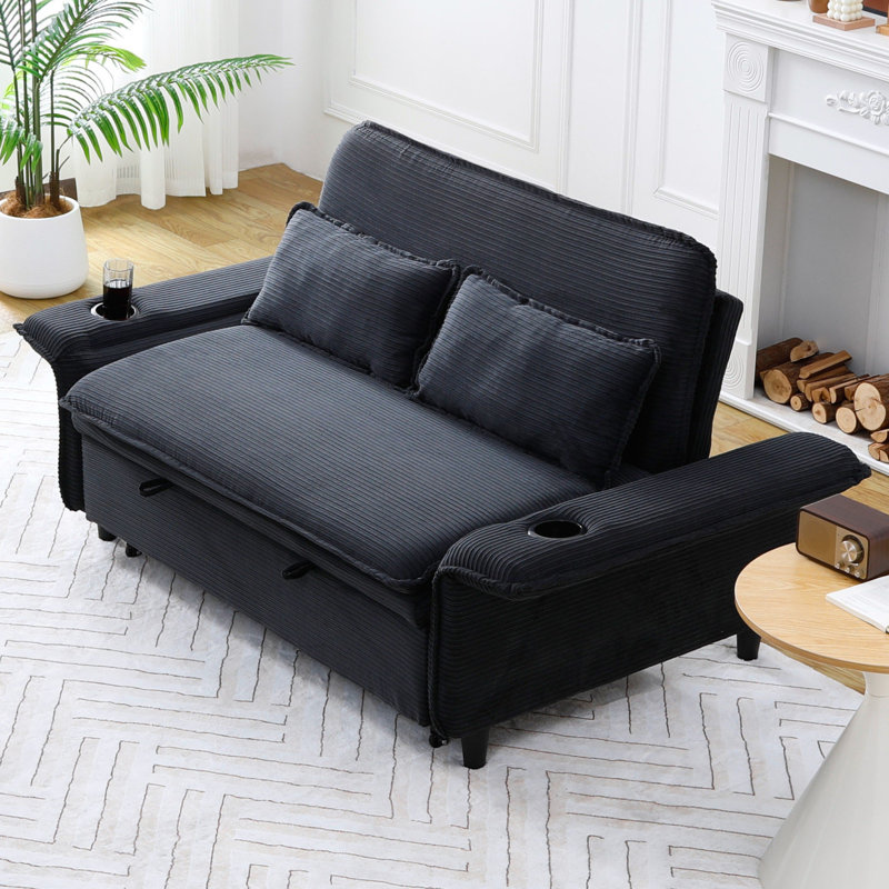 65.7" Corduroy Upholstered Pull-out Sofa With Cup Holder, Black
