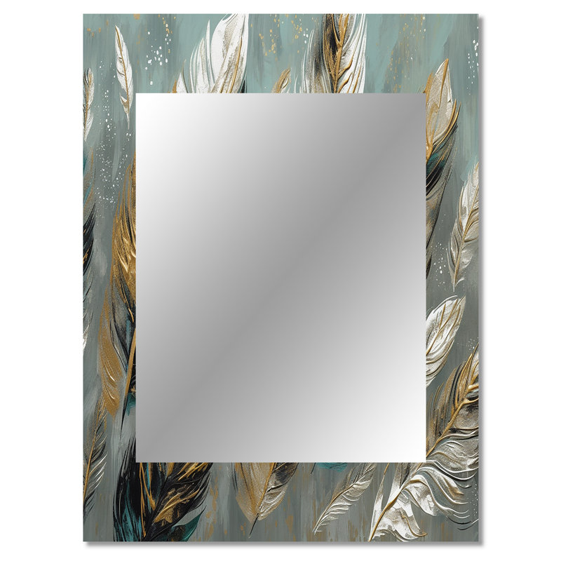 Plume dorée Extravaganza I - miroir décoratif en plumes Glam, miroir mural moderne, impression d'art en métal, 40 po x 30 po