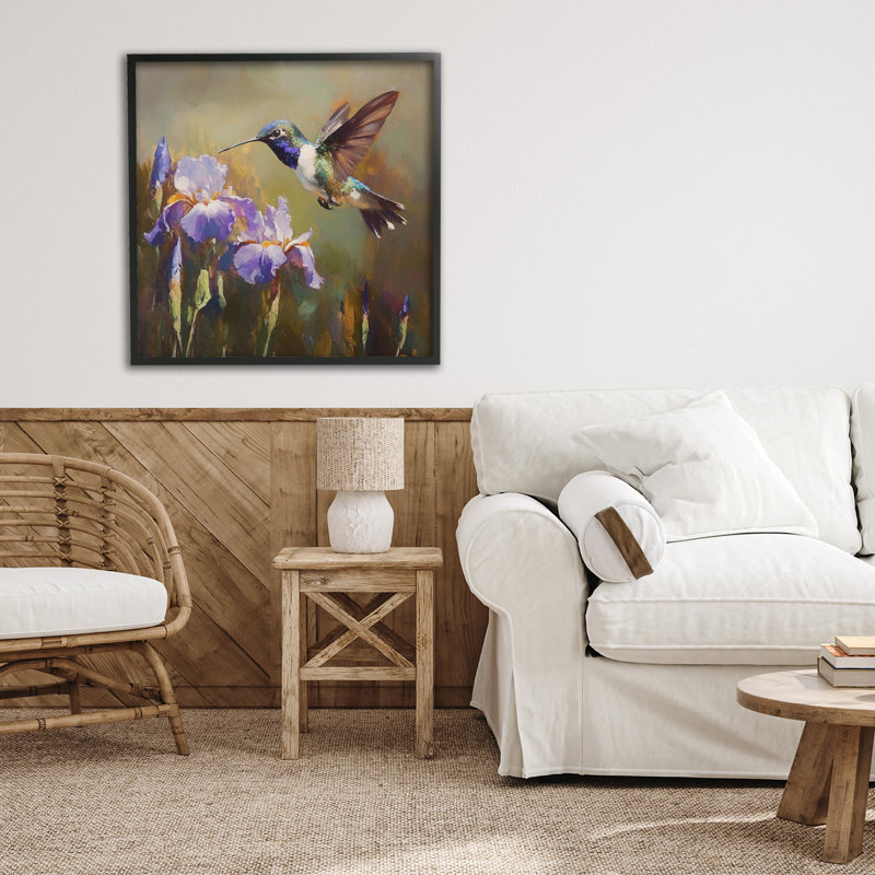 Colibri et iris mauves, estampe numérique, conception de Tina LeCour, Giclée encadrée noir minuit, H 24 po x l 24 po