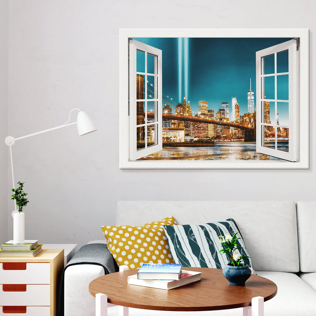 Leinwandbild New York Manhattan Brooklyn Bridge At Night Fenster 100X75cm – Premium Leinwanddruck – Kunstdruck Auf 2Cm H...