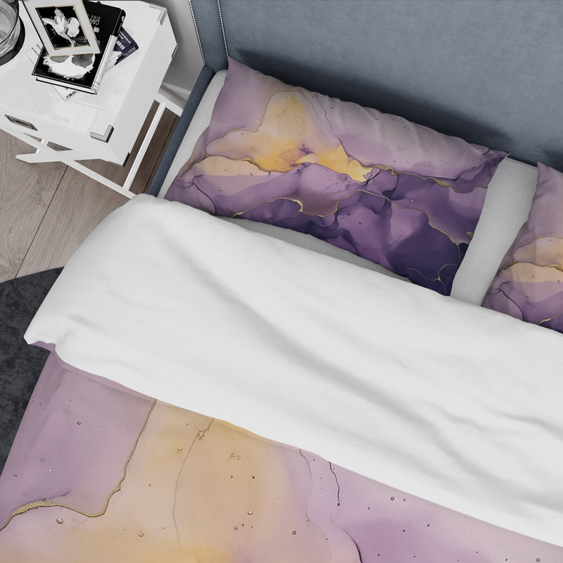 Ensemble de housse de couette mauve et or marbré à l'encre de marbre I - Fractals