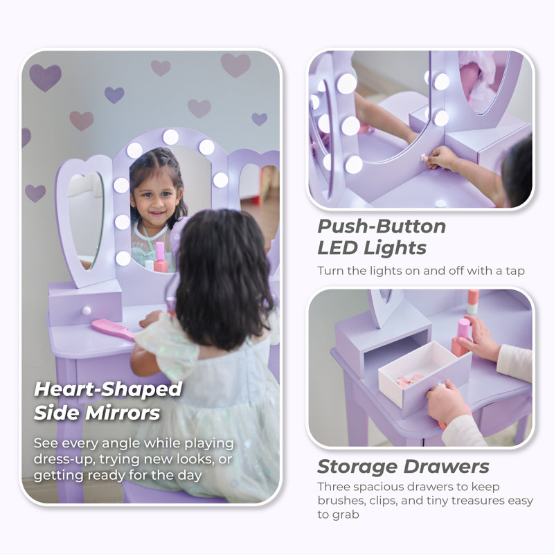 Teamson Kids Heart Glow Wooden Vanity Set With LED Lights Mirror & Stool, Purple